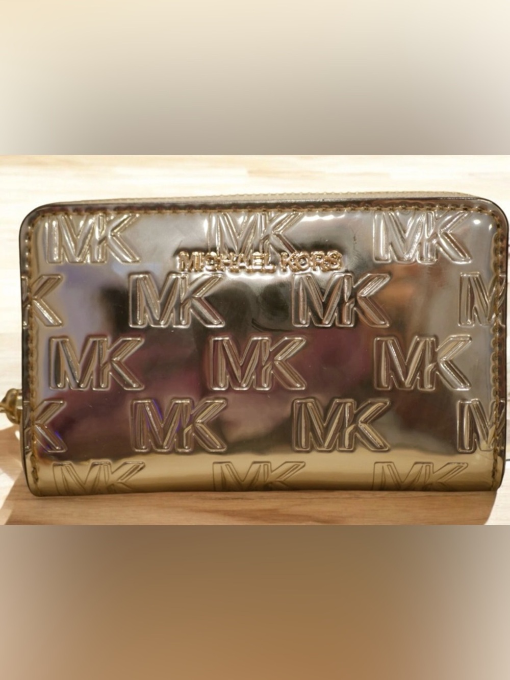 New Michael Kors Metallic Jet Set Gold MK Embossed Zip Wallet